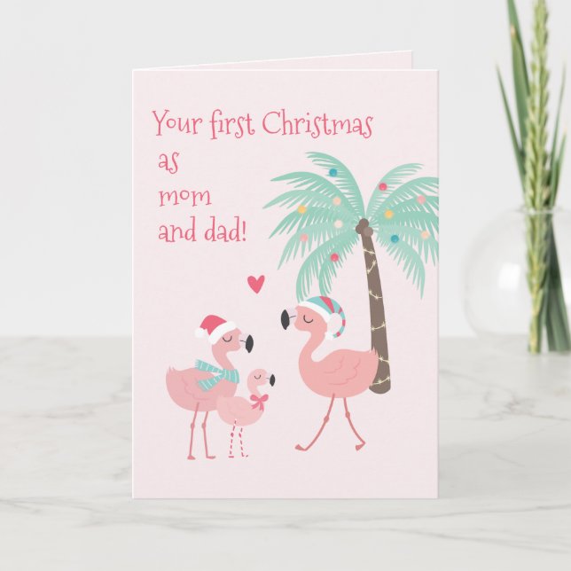 Tarjeta Primera Navidad, mamá y papá se burlan de Santa Fl (Anverso)