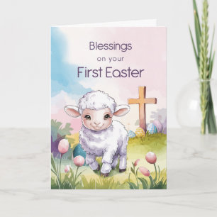 Tarjeta Primera Pascua Religiosa del Bebé Cordero Cruz Cri