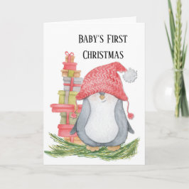 Tarjeta Primeras Navidades con pingüino y regalos