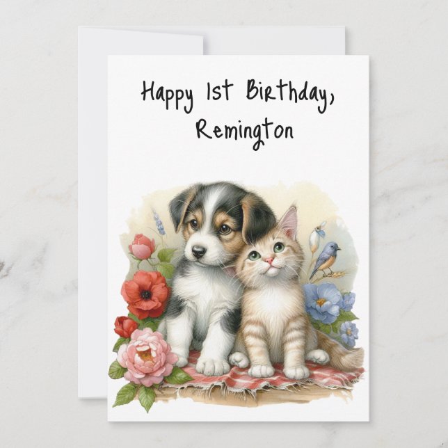 Tarjeta Primeros cumpleaños de cachorros y gatitos persona (Anverso)