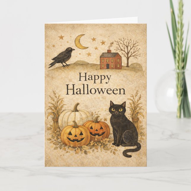 Tarjeta Primitive Black Cat Folk Art Halloween (Anverso)