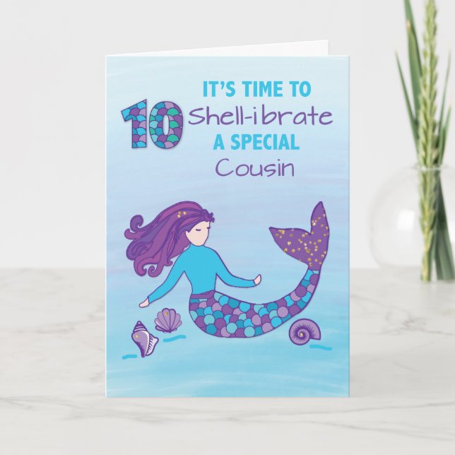 Tarjeta Primo 10.º cumpleaños Sparkly Look Mermaid (Anverso)