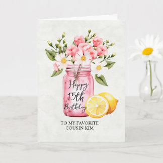 Tarjeta Primo 15º cumpleaños Floral Jar saludo rosa
