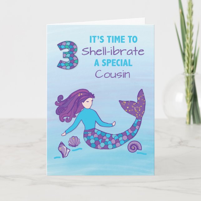 Tarjeta Primo 3 cumpleaños Sparkly Look Mermaid (Anverso)