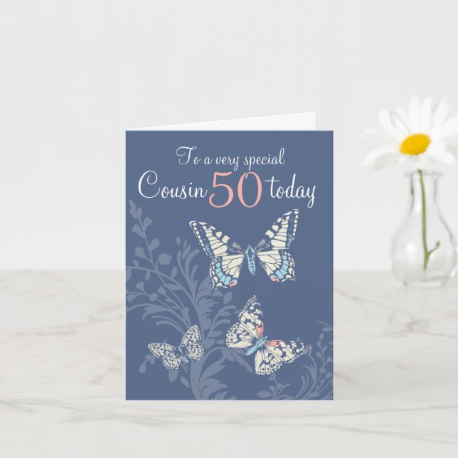 Tarjeta Primo 50 cumpleaños mariposas coral azul (Planta pequeña)