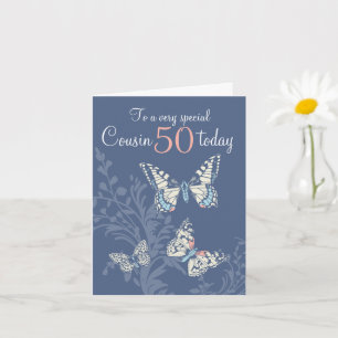 Tarjeta Primo 50 cumpleaños mariposas coral azul