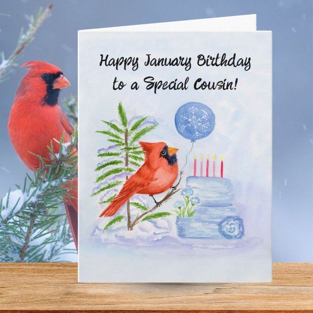 Tarjeta Primo Feliz Cumpleaños de Enero Cardenal con Torta (Subido por el creador)