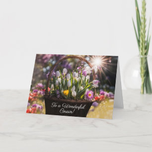 Tarjeta Primo Feliz Pascua con Cesta de Bulbos de Primaver