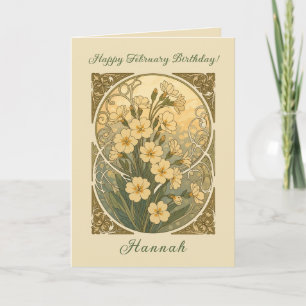 Tarjeta Primosas Flores de Cumpleaños de Febrero Art Nouve