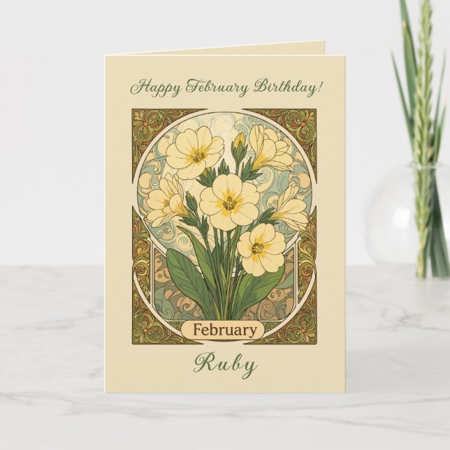 Tarjeta Primrose February Birthday Flowers Art Nouveau Sty (Anverso)
