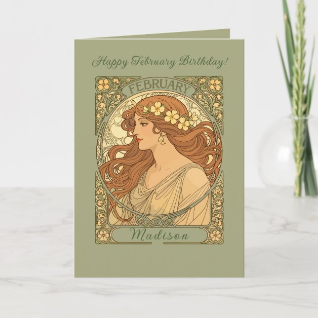 Tarjeta Primrose Flowers Art Nouveau Style February Birthd (Anverso)