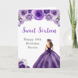 Tarjeta Princesa con vestido morado dulce dieciséis cumple