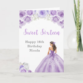 Tarjeta Princesa con vestido morado dulce dieciséis cumple