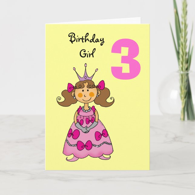 Tarjeta princesa de 3 años (pelo castaño) (Anverso)