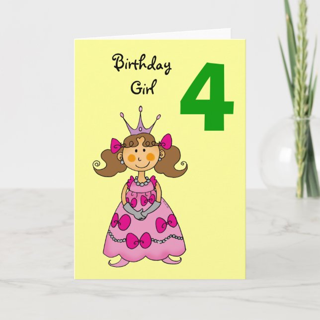 Tarjeta princesa de 4 años (pelo castaño) (Anverso)