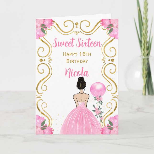 Tarjeta Princesa de cabello dulce y marrón en rosa (Anverso)