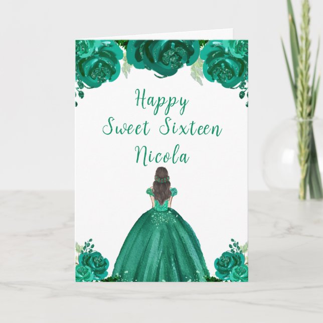 Tarjeta Princesa de cabello marrón Dulce Verde Dieciséis (Anverso)