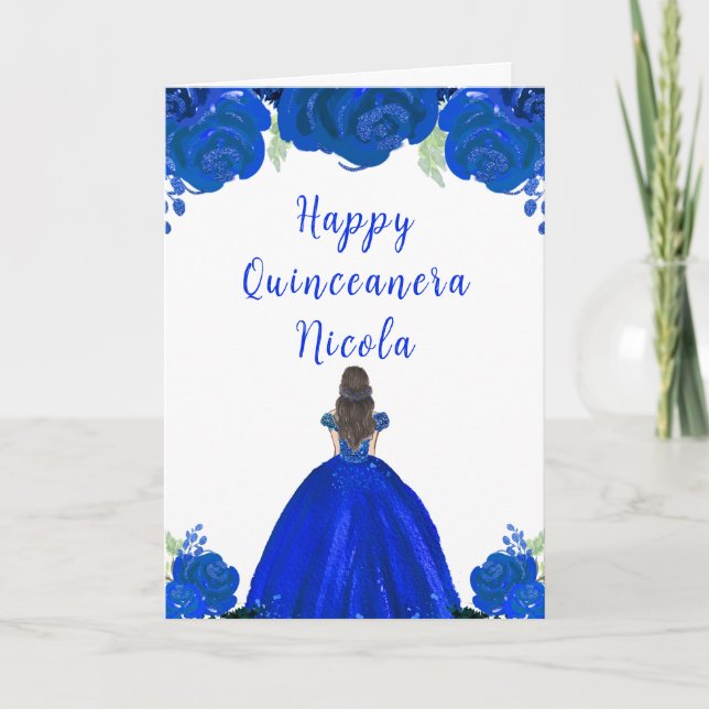 Tarjeta Princesa de Cabello Marrón Quinceañera Floral Azul (Anverso)