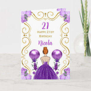 Tarjeta Princesa de cabello roja Morada Feliz cumpleaños