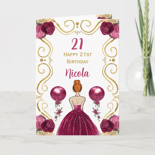 Tarjeta Princesa de Cabello Rojo Borgoña Feliz cumpleaños (Anverso)