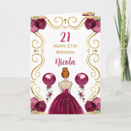 Tarjeta Princesa de Cabello Rojo Borgoña Feliz cumpleaños