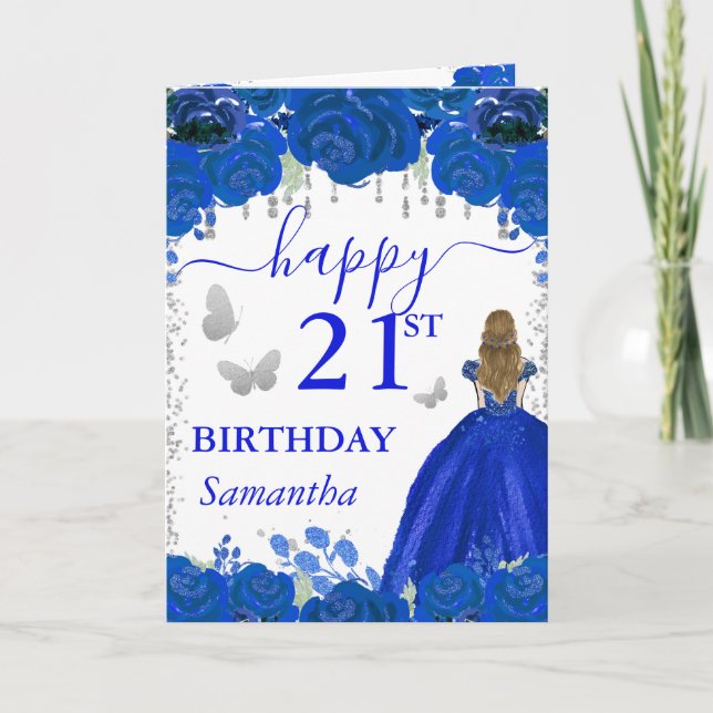 Tarjeta Princesa de Cabello Rubio Vestido Azul Real Cumple (Anverso)