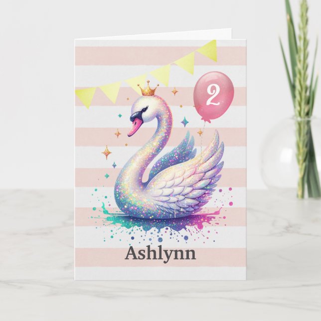 Tarjeta Princesa de Cisne Rosa y Oro Segundo Cumpleaños (Anverso)