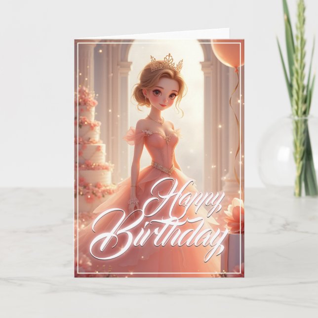 Tarjeta Princesa de cumpleaños con un vestido rosa soñador (Anverso)