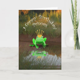 Tarjeta Princesa de cumpleaños feliz, rana verde y corona,