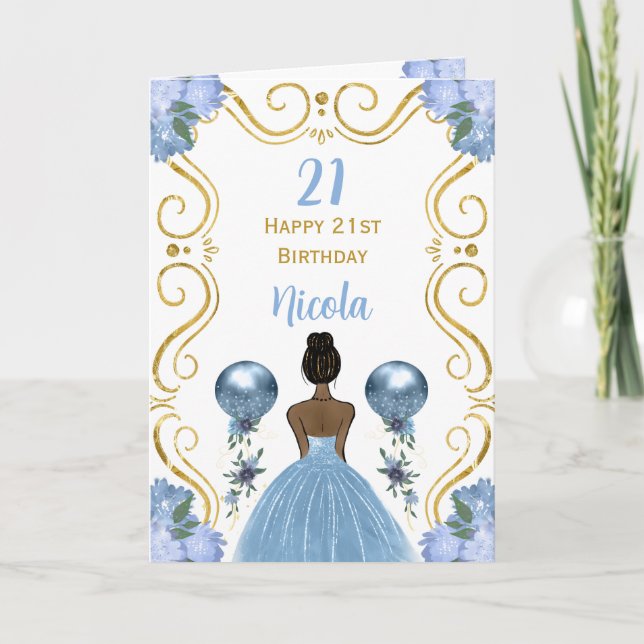 Tarjeta Princesa de la Piel Oscura Azul Feliz cumpleaños (Anverso)