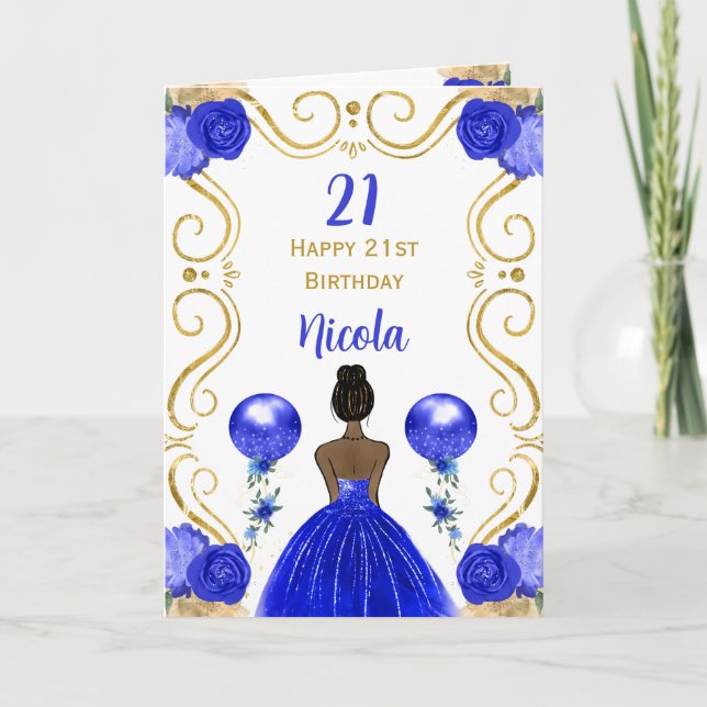 Tarjeta Princesa de la Piel Oscura Azul Feliz cumpleaños (Anverso)