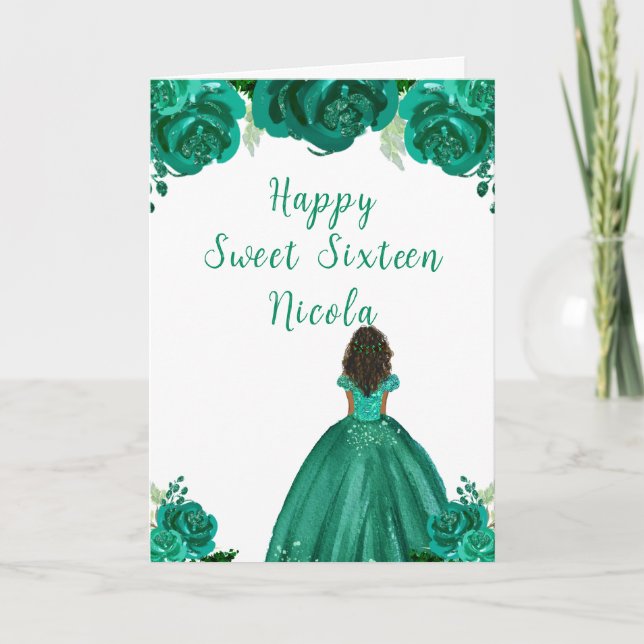 Tarjeta Princesa de la Piel Oscura Dulce Verde Dieciséis (Anverso)