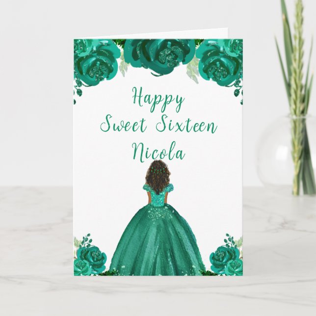 Tarjeta Princesa de la Piel Oscura Dulce Verde Dieciséis (Anverso)