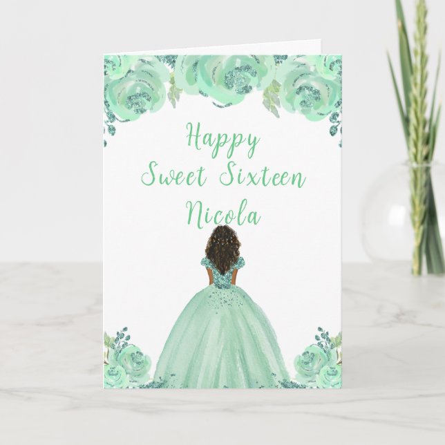 Tarjeta Princesa de la Piel Oscura Mint Sweet 16 (Anverso)