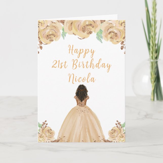 Tarjeta Princesa de la Piel Oscura Peach Floral Birthday P (Anverso)