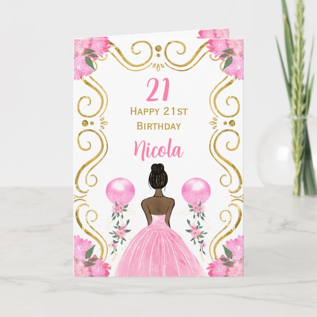 Tarjeta Princesa de la Piel Oscura Pink Happy Birday (Anverso)