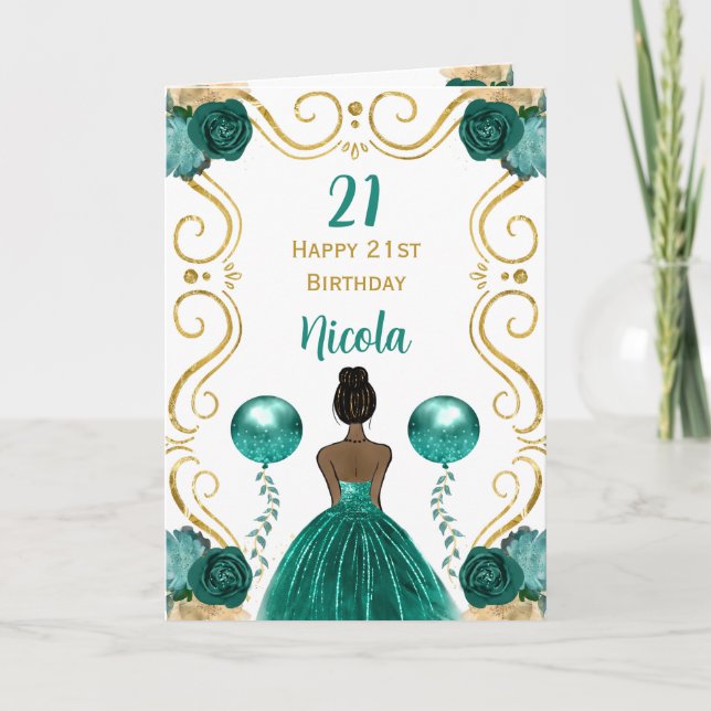 Tarjeta Princesa de la Piel Oscura Verde azulada Feliz cum (Anverso)