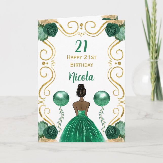 Tarjeta Princesa de la Piel Oscura Verde Feliz cumpleaños (Anverso)