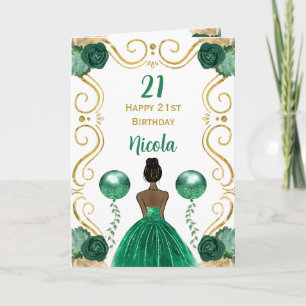 Tarjeta Princesa de la Piel Oscura Verde Feliz cumpleaños