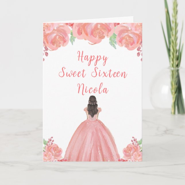 Tarjeta Princesa de pelo marrón dulce rosa dieciséis (Anverso)