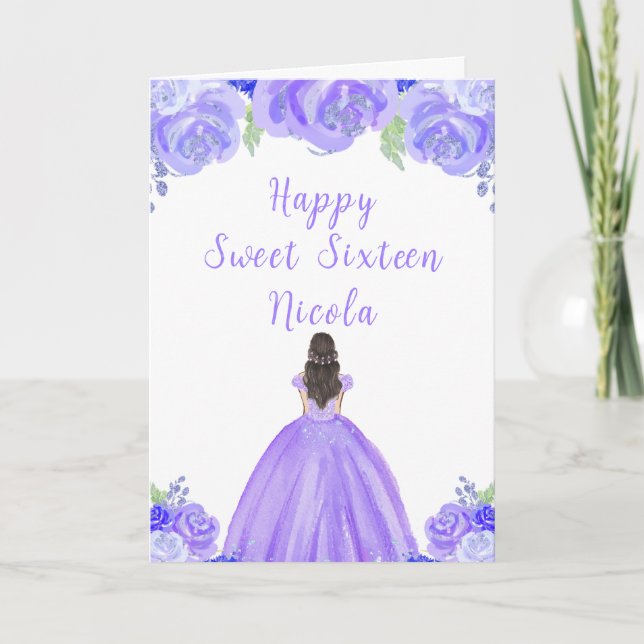 Tarjeta Princesa de pelo marrón Morado Dulce (Anverso)