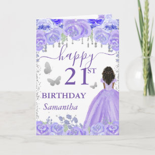Tarjeta Princesa de Piel Oscura Cumpleaños con Vestido Púr