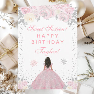 Tarjeta Princesa de Piel Oscura de Invierno Rosa Cumple Du