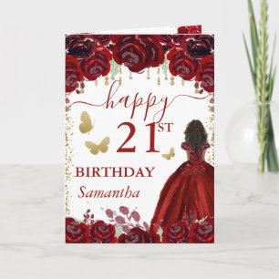 Tarjeta Princesa de Piel Oscura Vestido Rojo Cumpleaños