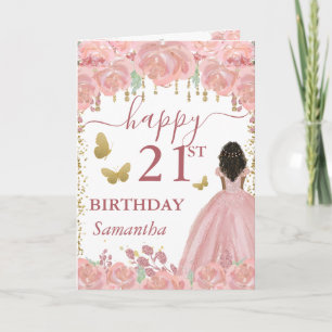Tarjeta Princesa de Piel Oscura Vestido Rosa Dorado Cumple