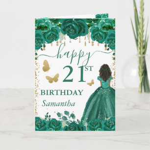 Tarjeta Princesa de Piel Oscura Vestido Verde Cumpleaños