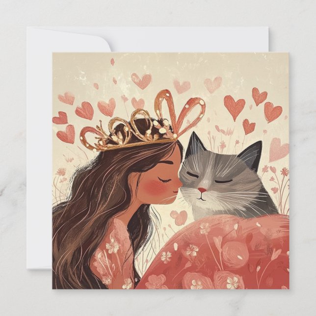 Tarjeta princesa de San Valentín y su gatito (Anverso)
