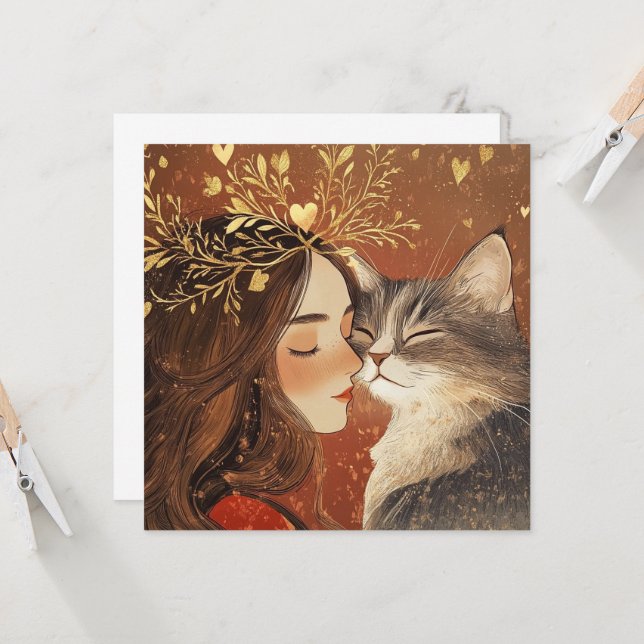 Tarjeta Princesa de San Valentín y su gato minino (Anverso/Reverso In Situ)