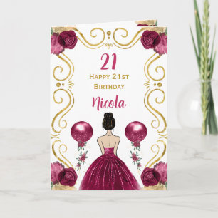 Tarjeta Princesa del cabello marrón Borgoña Feliz cumpleañ