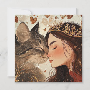 Tarjeta princesa del día de San Valentín y su gatito
